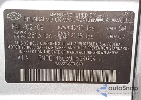 2009 Hyundai Sonata Gls z USA, uszkodzony, nr VIN 5NPET46C39H564604